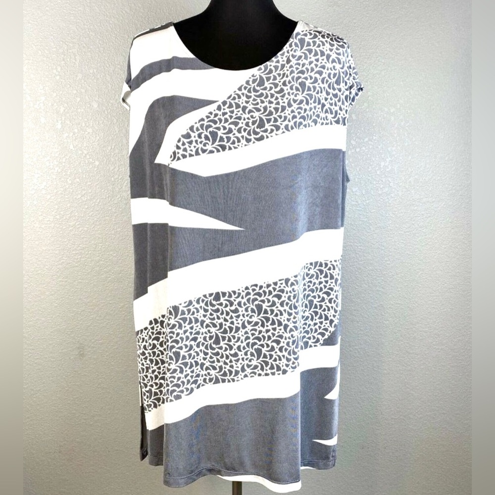 Chico's Travelers Womens High Low Tunic Top 3 XL Gray White Striped Sleeveless